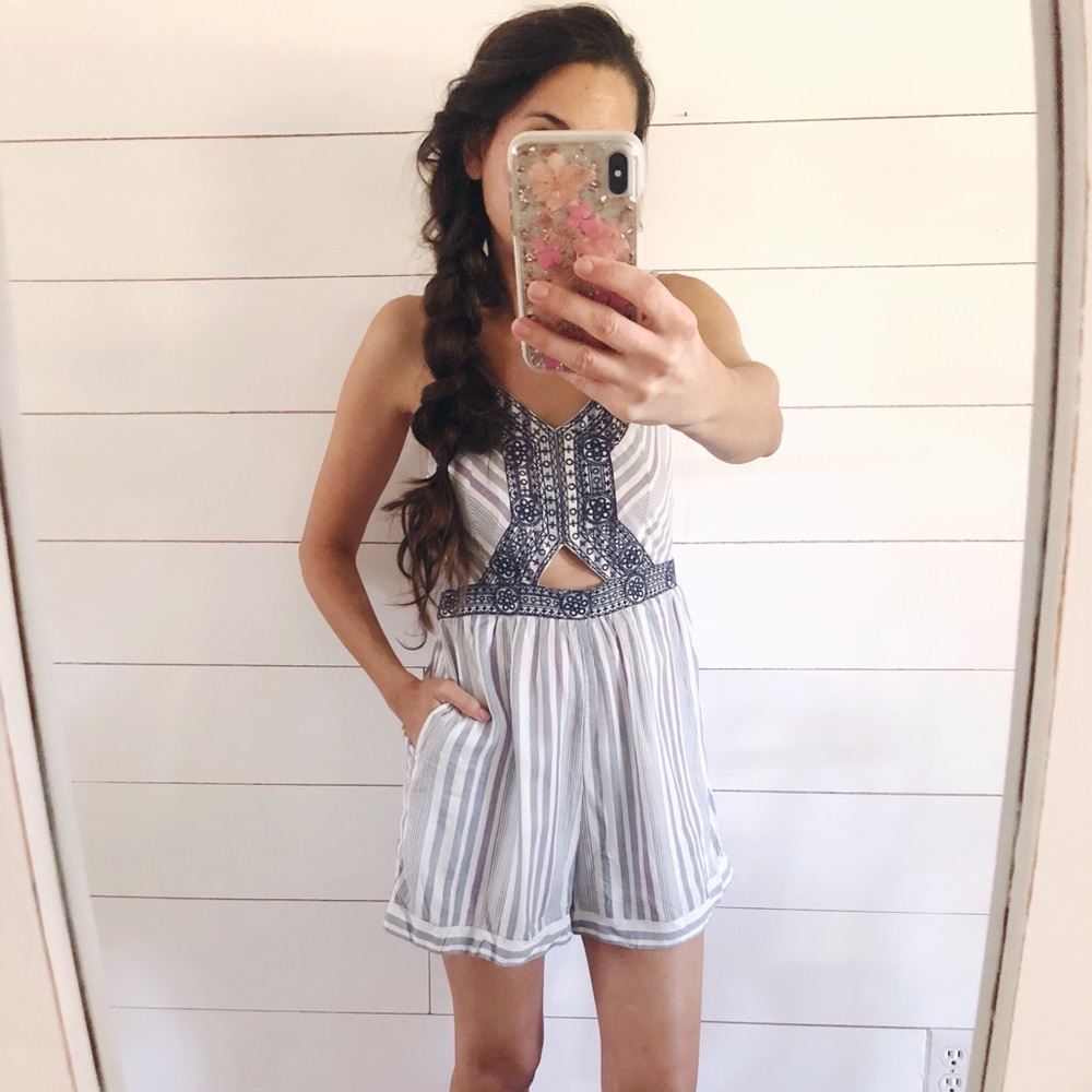 White and blue striped romper shorts with peekaboo